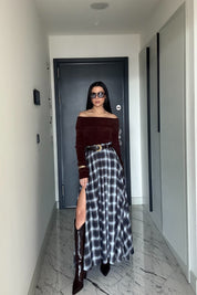 Ekose Desenli Yırtmaç Detay Kloş Etek SY-3494-Kahverengi