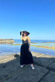 Siyah Askılı Triko Detay Keten Elbise SY-0784-Siyah