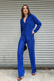 Saks Mavisi Yırtmaçlı Fitilli Kadın Gömlekli Oversize Takım SY-0092-Saks Mavisi