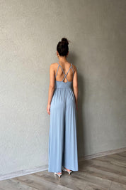 Mavi İnce Askı Detaylı Bol Paça Modal Tulum SY-1980-Mavi