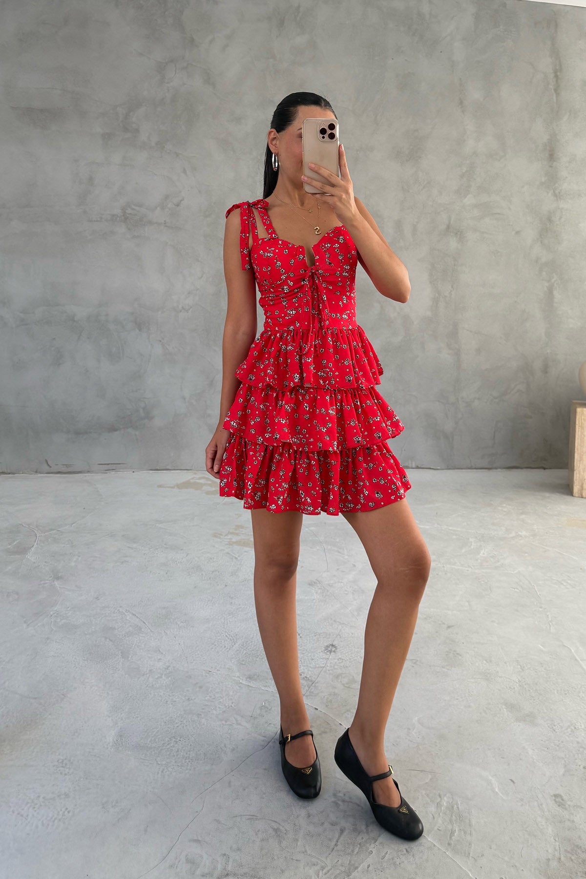 Kırmızı Çiçekli Fırfırlı Mini Elbise SY-0410-Kırmızı