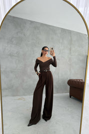 Kahverengi Pens Detaylı Palazzo Pantolon SY-3452-Kahverengi