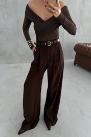 Kahverengi Pens Detaylı Palazzo Pantolon SY-3452-Kahverengi