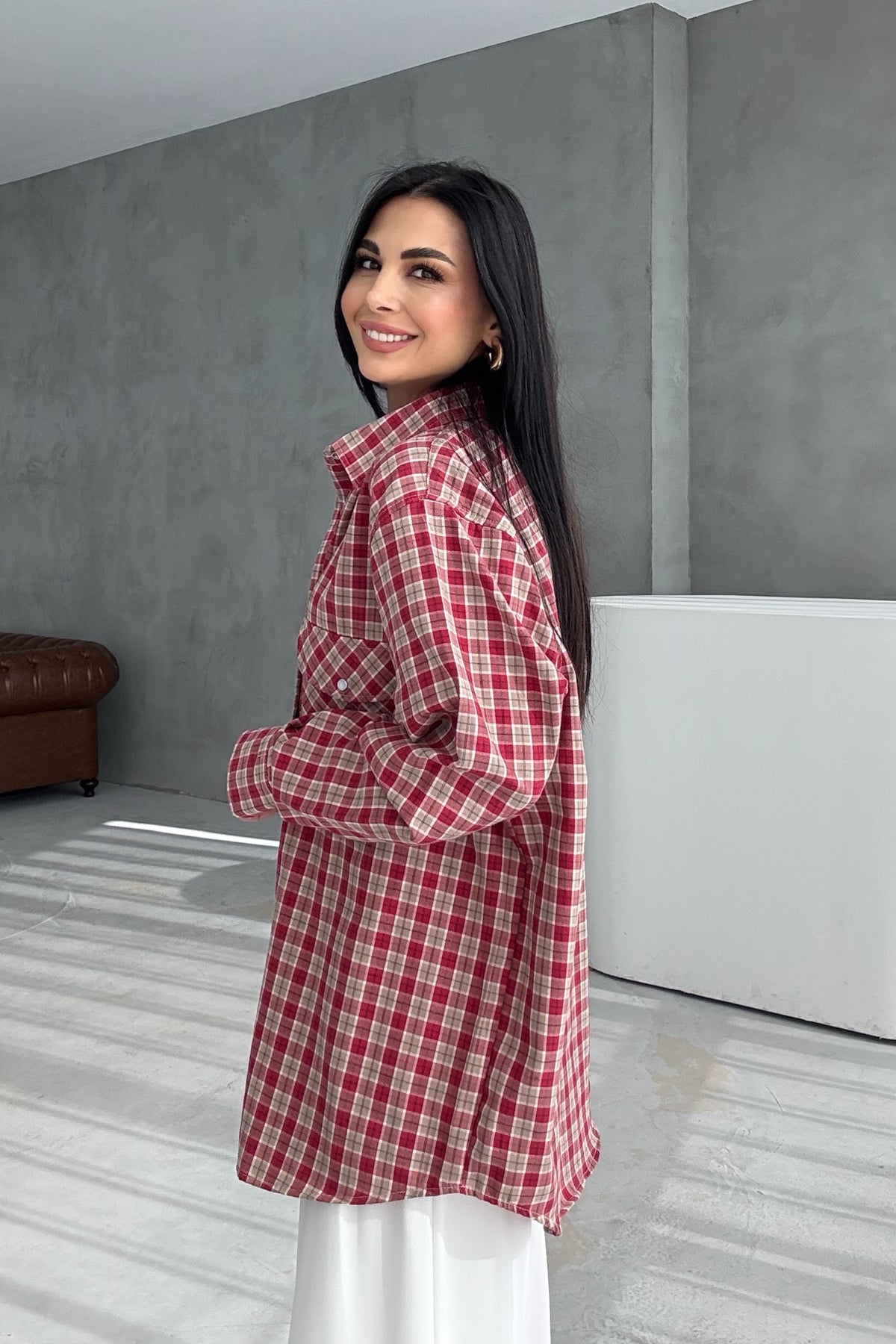 Kadın Kırmızı Ekoseli Cepli Uzun Kollu Gömlek SY-3438-Kırmızı