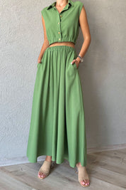 Yeşil Keten Gold Düğmeli Bluz ve Etek Takım SY-0759-Yeşil