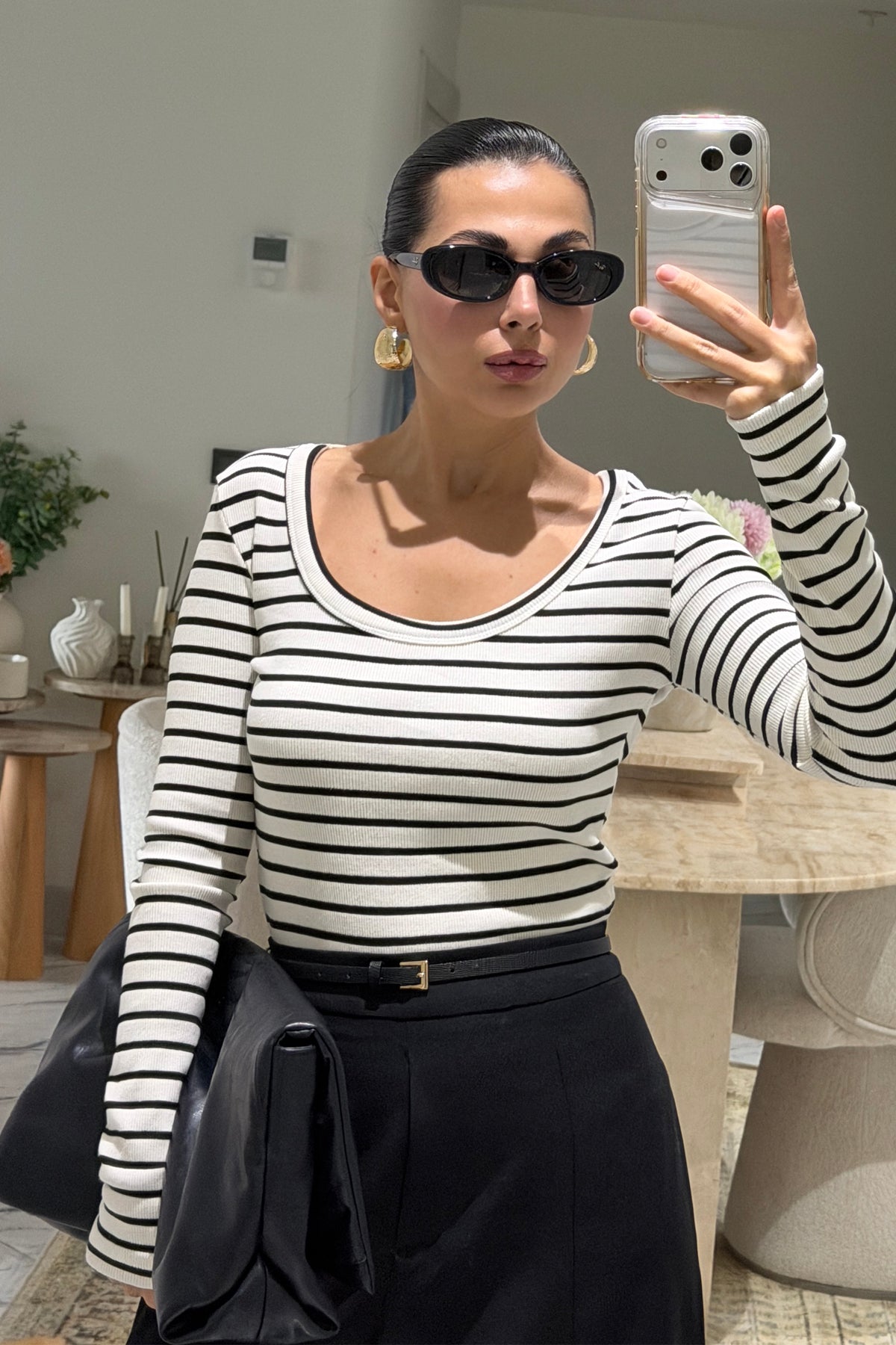 Uzun Kollu Fitilli Derin Bisiklet Yaka Çizgili Body SY-3412-Beyaz Çizgili