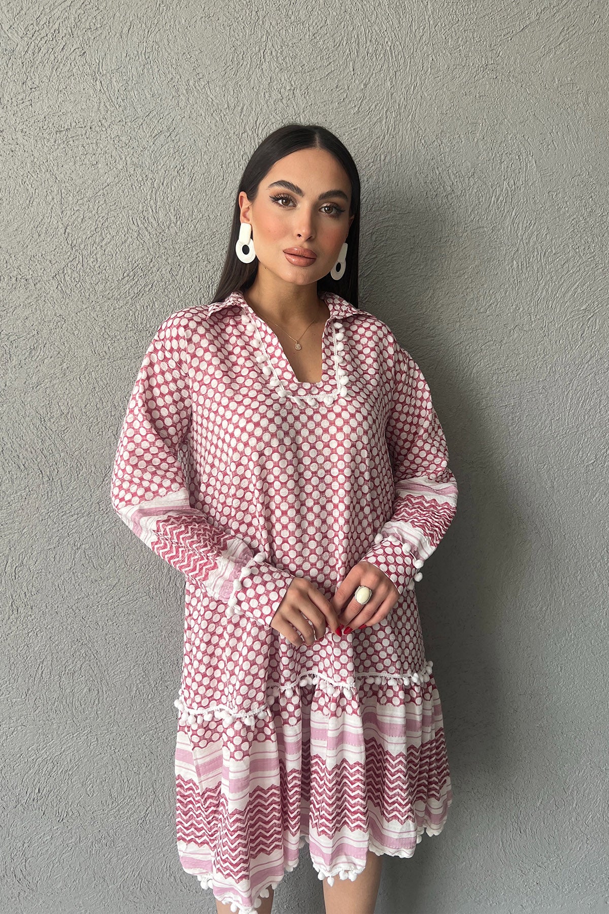 Kırmızı Desenli Gofre Kısa Elbise SY-3036-Kırmızı