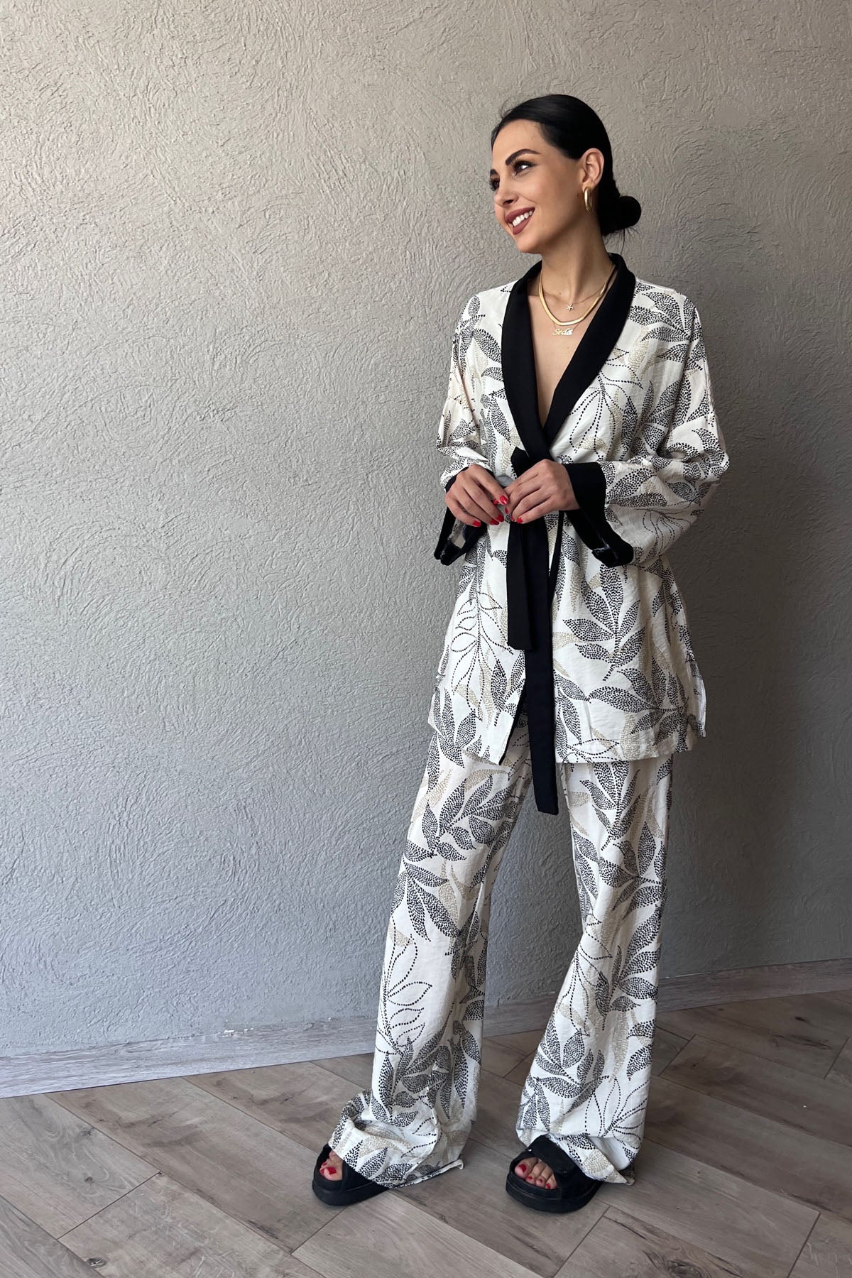 Ekru Garnili Kimono ve Beli Lastikli Pantolon Takım SY-0684-Ekru