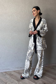 Ekru Garnili Kimono ve Beli Lastikli Pantolon Takım SY-0684-Ekru