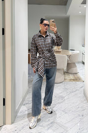 Şal Detaylı Mavi Ekose Desen Gömlek SY-3561-Mavi