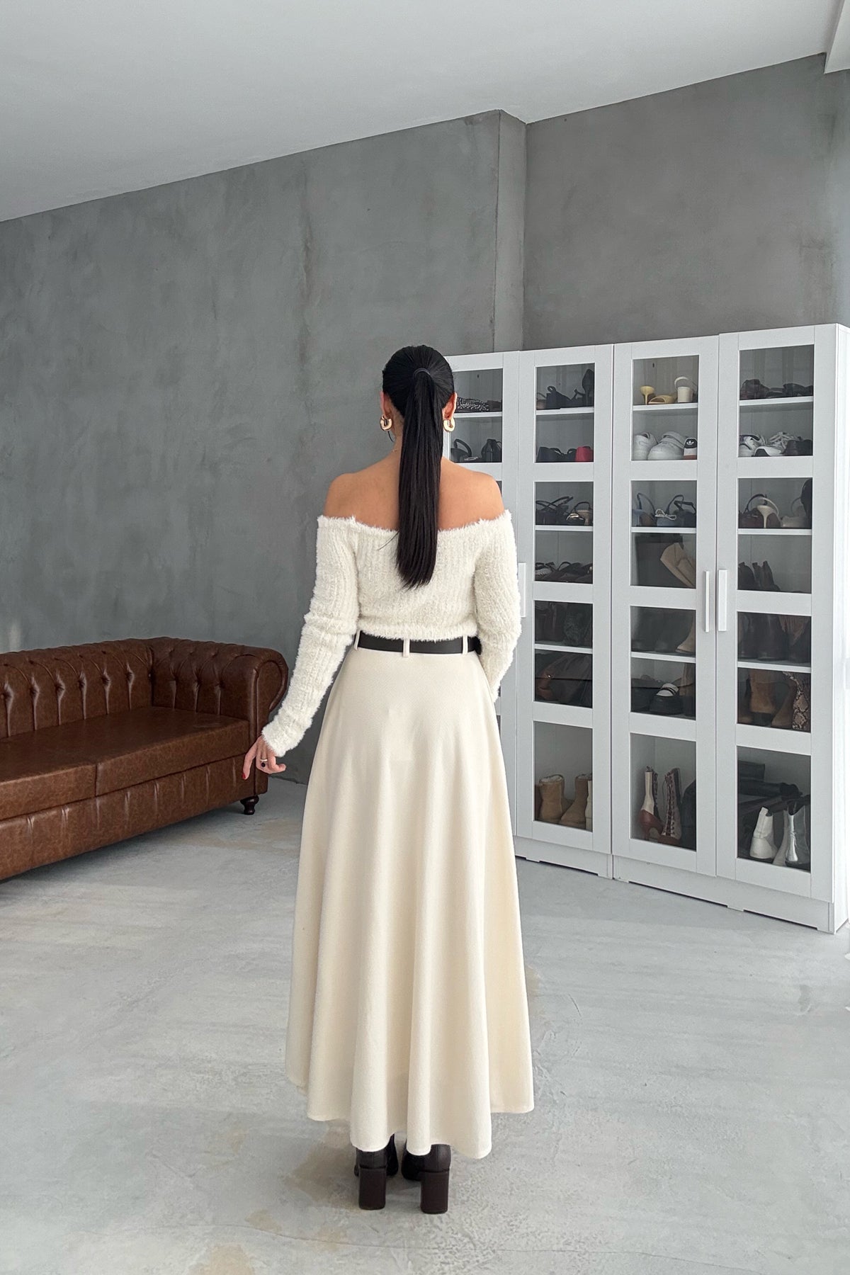 Krem Kemerli Verev Midi Etek SY-3468-Krem