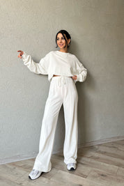 Beyaz Uzun Kollu Sweat ve Önden Dikiş Detaylı Eşofman Takım SY-1290-Beyaz