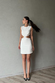 Ekru Pencere Toka Detaylı Tasarım Elbise SY-1781-Ekru