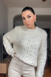 Krem İncili Bisiklet Yaka Premium Kazak SY-2835-Krem