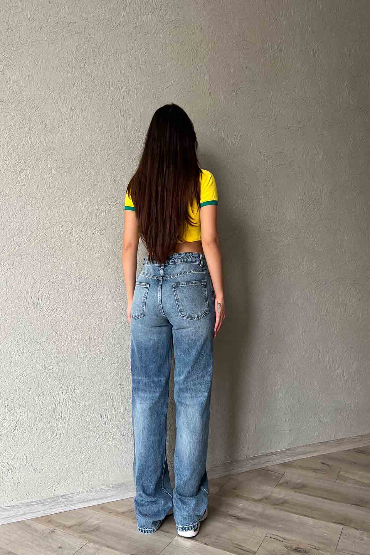 Mavi Eskitme Point Yırtık Detaylı Wide Leg Jean SY-2002-Mavi
