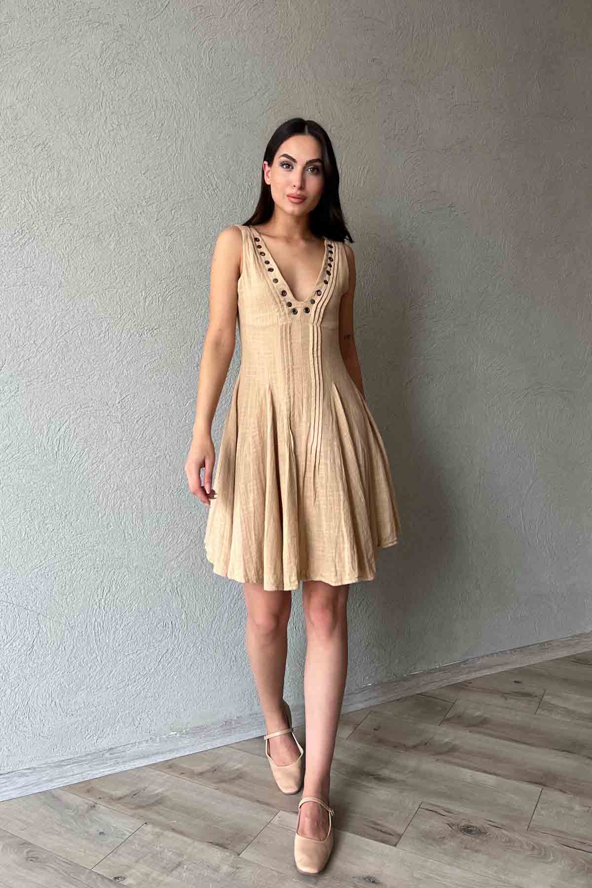 Bej Yaka Detaylı Kloş Keten Elbise SY-1981-Bej