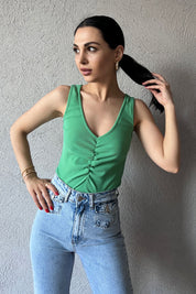 Yeşil Önü Büzgülü Bodysuit SY-0557-Yeşil