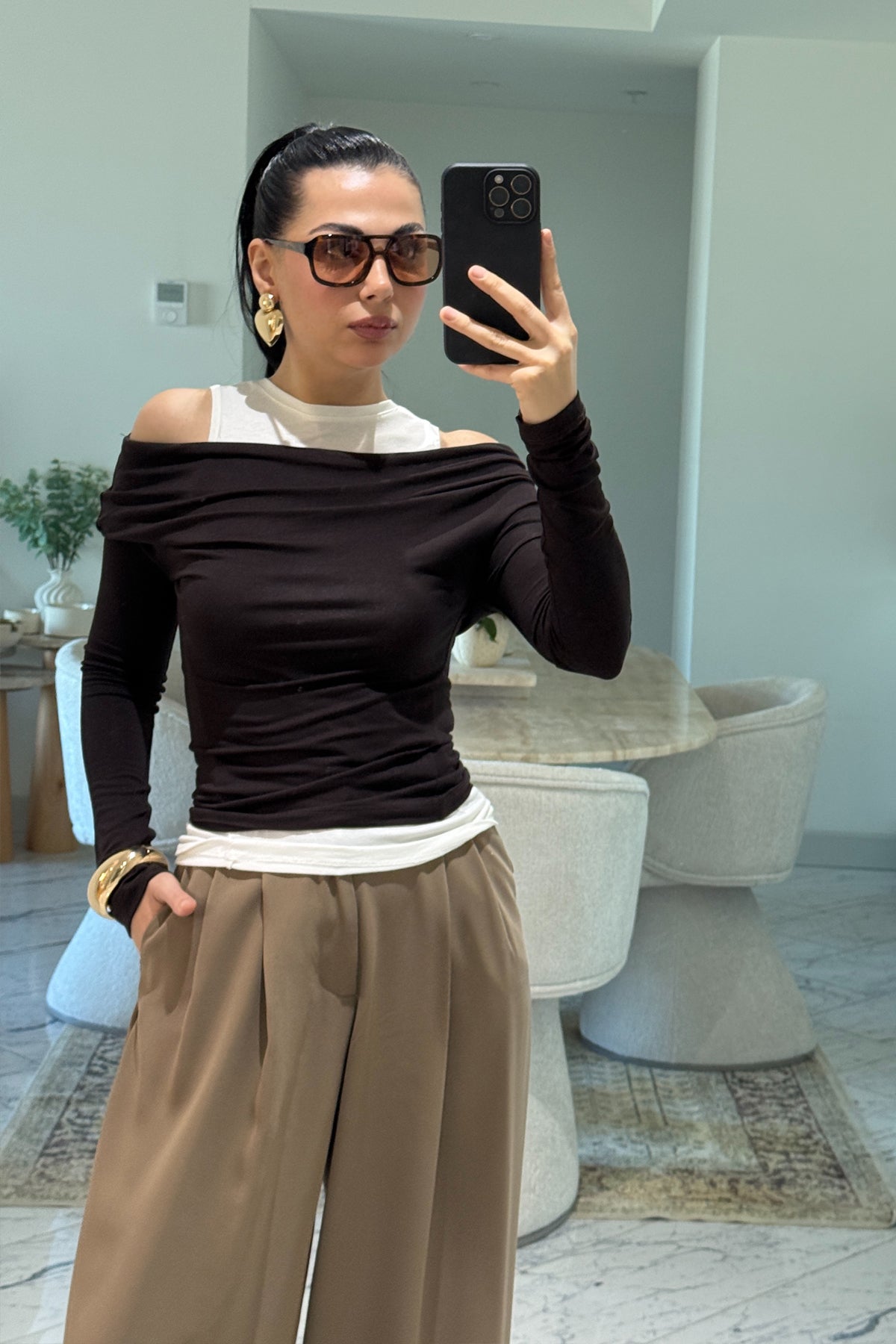 Kahverengi Atlet Detaylı Asimetrik Bluz SY-3624-Kahverengi