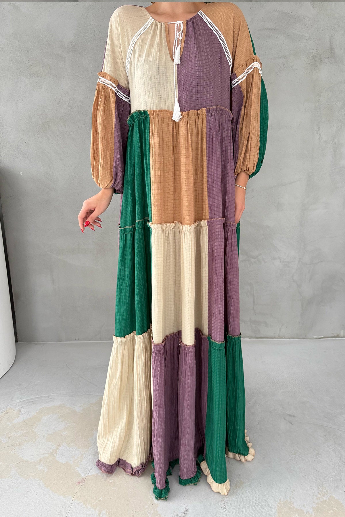 Blok Renkli Garnili Gofre Elbise SY-3044-Blok