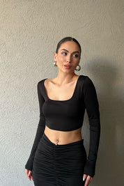 Siyah  Uzun Kollu Kare Yaka Crop ve Büzgülü Etek Takım SY-1285-Siyah