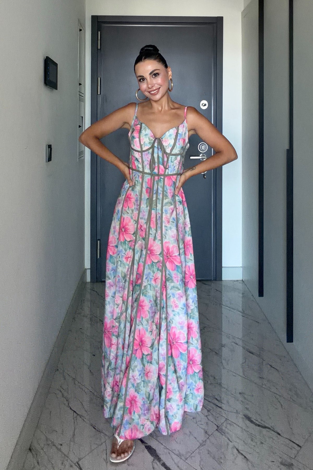 Korse Formlu Biyeli Çiçek Desenli Maxi Elbise SY-3787-Pembe