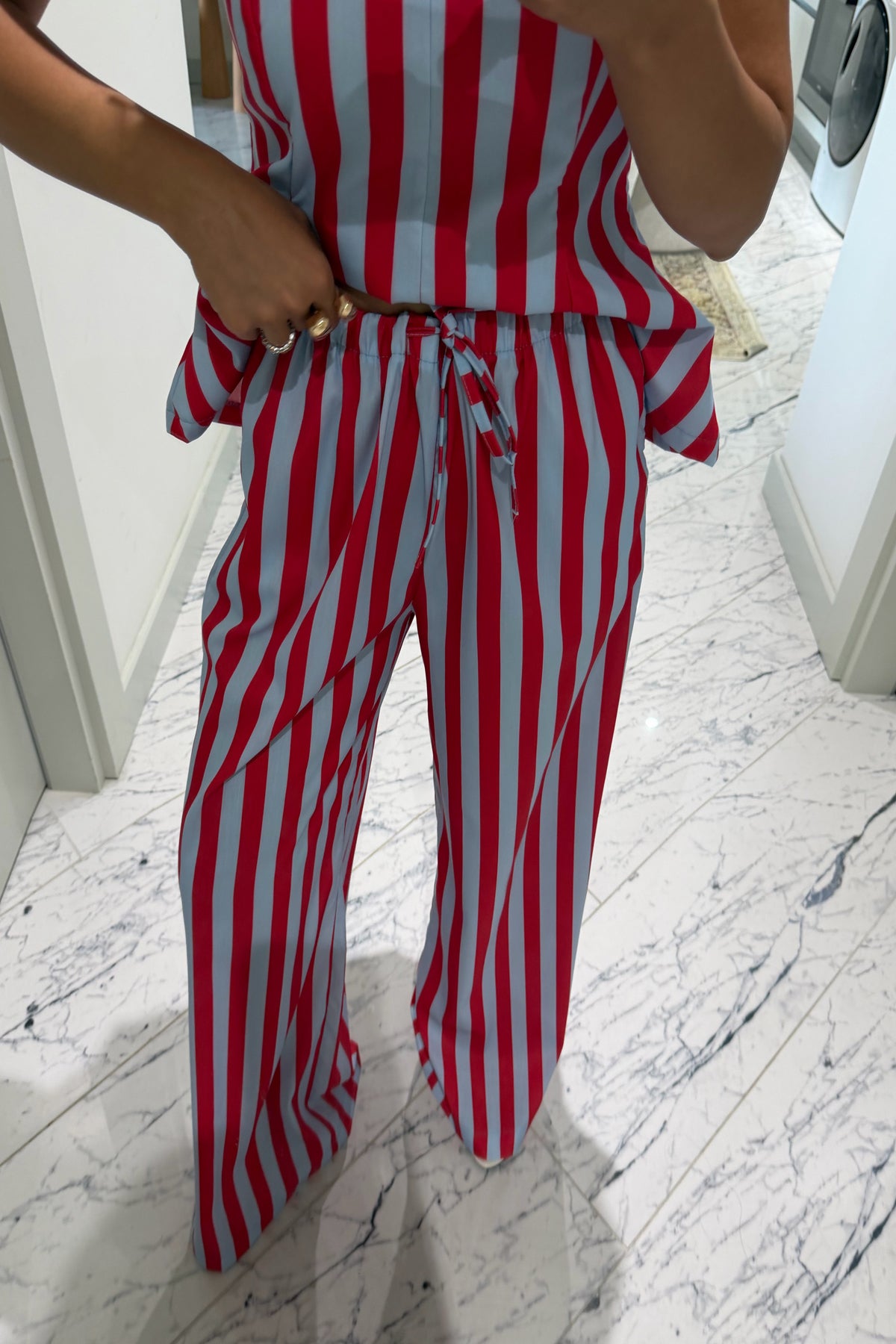 Kırmızı Mavi Çizgili Peplum Bluz Pantolon Takım SY-3790-Kırmızı