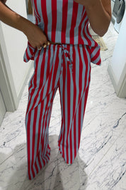 Kırmızı Mavi Çizgili Peplum Bluz Pantolon Takım SY-3790-Kırmızı
