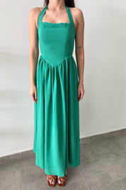 Boyundan Bağlamalı Yeşil Yaz Esintisi Keten Elbise SY-3083-Yeşil