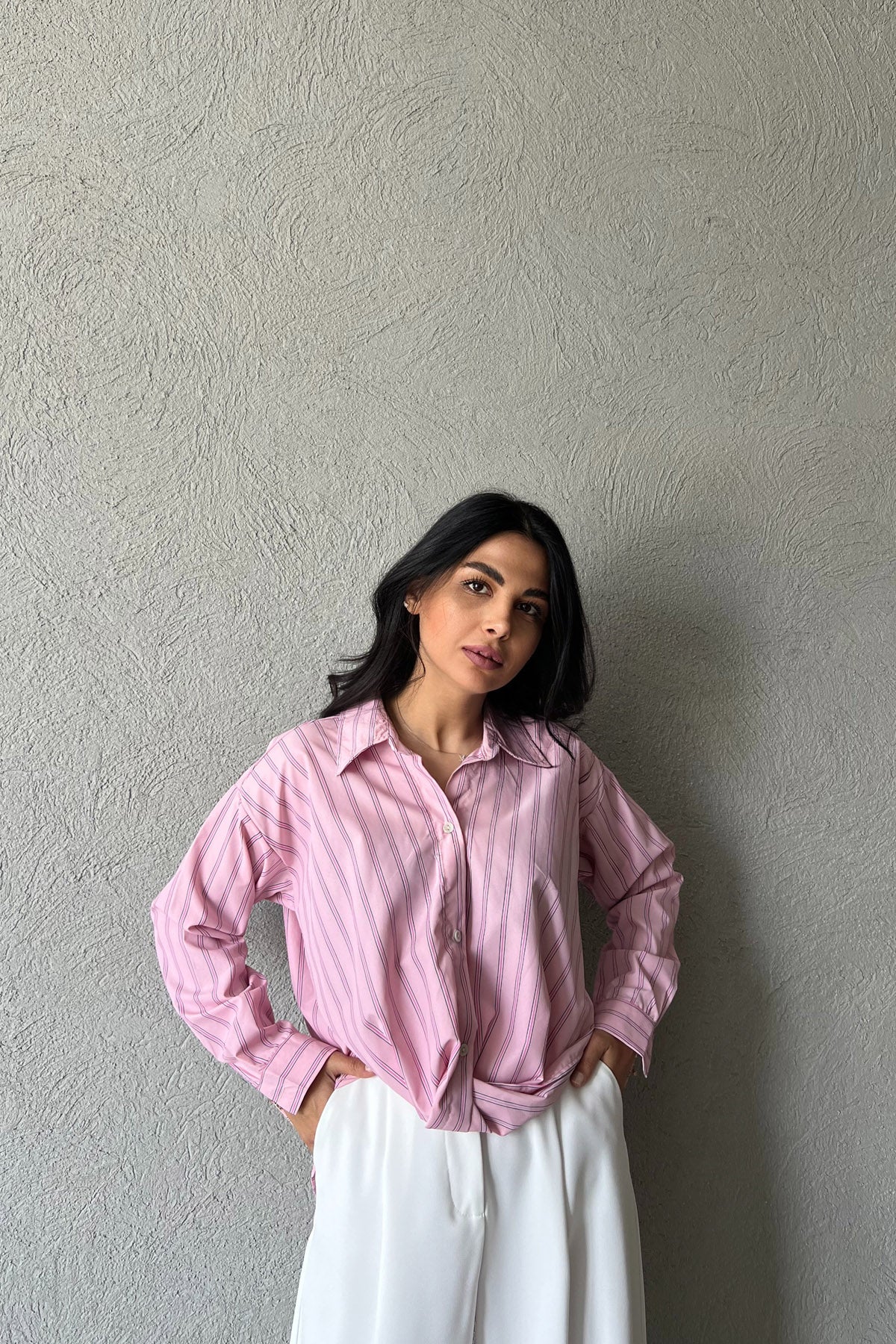 Pembe Çizgili Önü Tasarım Bağlamalı Gömlek SY-2046-Pembe