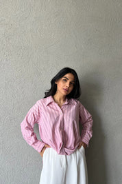 Pembe Çizgili Önü Tasarım Bağlamalı Gömlek SY-2046-Pembe