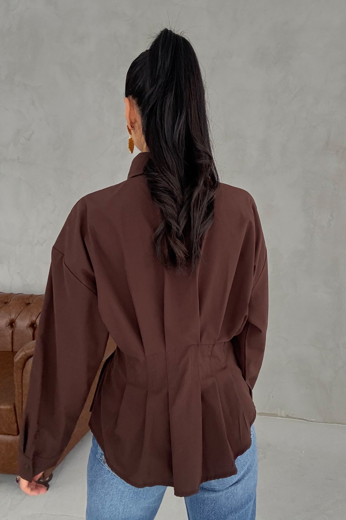 Kahve Belden Oturtmalı Pensli Gömlek SY-3406-Kahve