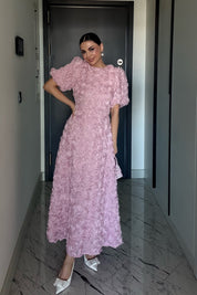 Gül Detaylı Pudra Rosella Özel Tasarım Elbise SY-3519-Pudra