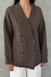 Kahve Düğmeli Kruvaze Yaka Hırka SY-2423-Kahve