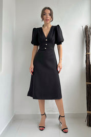 Siyah İnci Düğme Detay Elbise SY-0351-Siyah