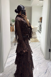 Zebra Desen Kahverengi Katlı Şifon Elbise SY-3612-Kahverengi