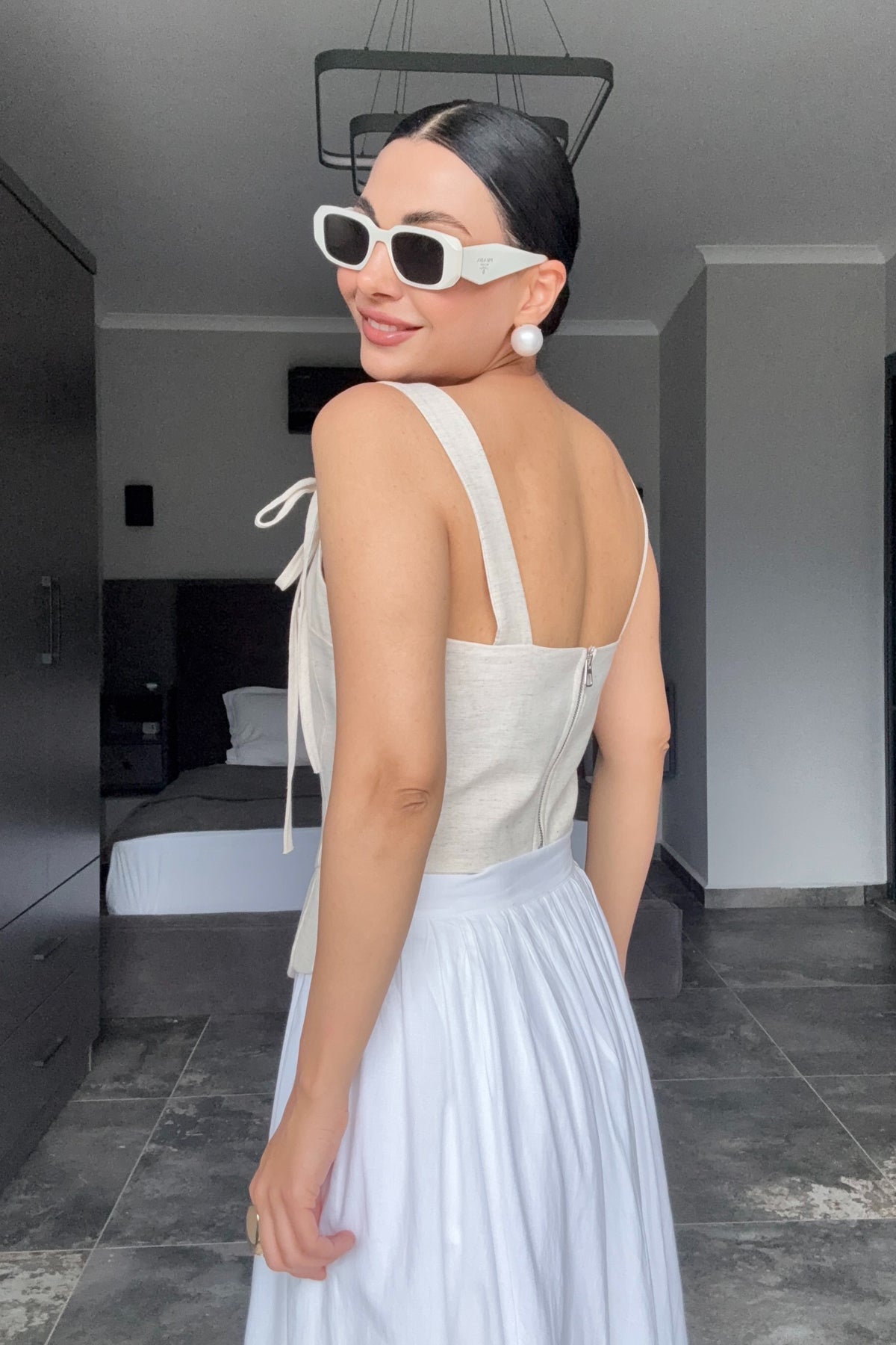 Bej Keten Korse Bluz Sırt Fermuarlı İp Detaylı Büstiyer SY-3707-Bej