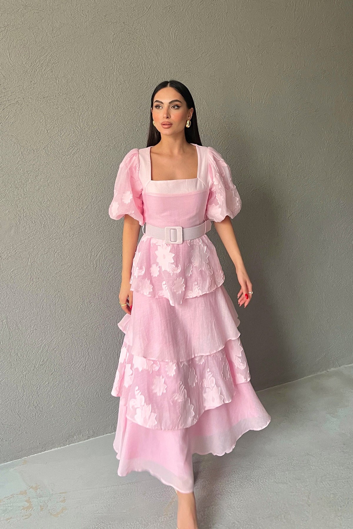Pembe Tasarım Kat Detaylı Pinterest Lipari Elbise SY-3027-Pembe