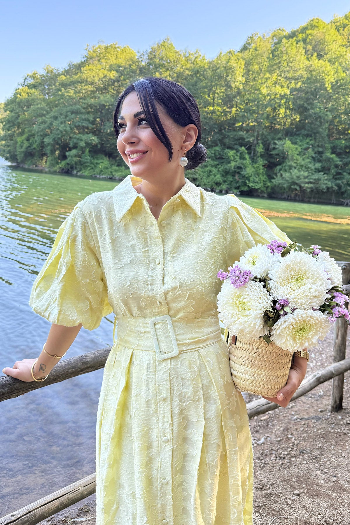 Sarı Venil Balon Kol Kemerli Kloş Elbise SY-2946-Sarı