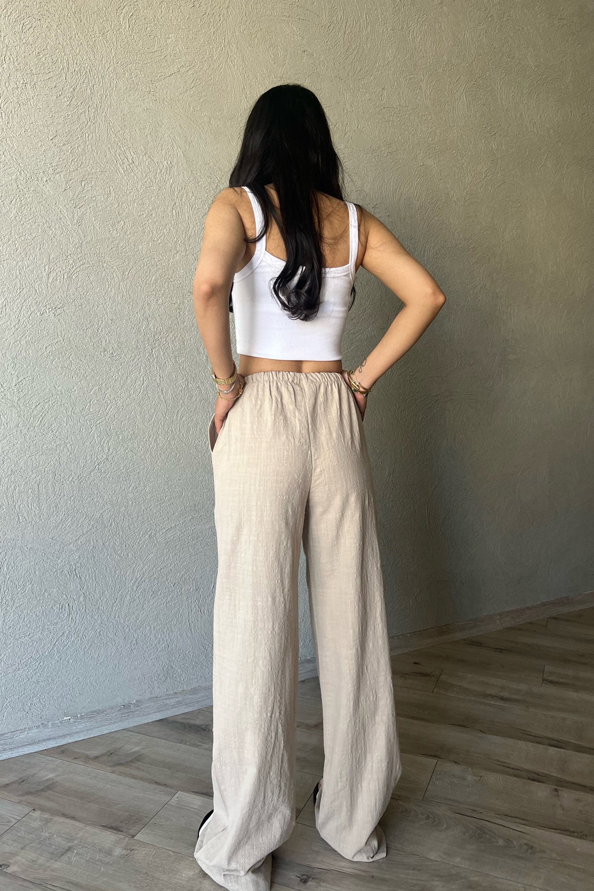 Bej Yama Cep Detaylı Bol Paça Keten Pantolon SY-2041-Bej