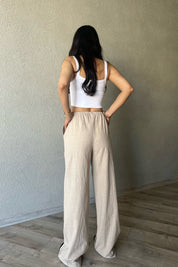 Bej Yama Cep Detaylı Bol Paça Keten Pantolon SY-2041-Bej