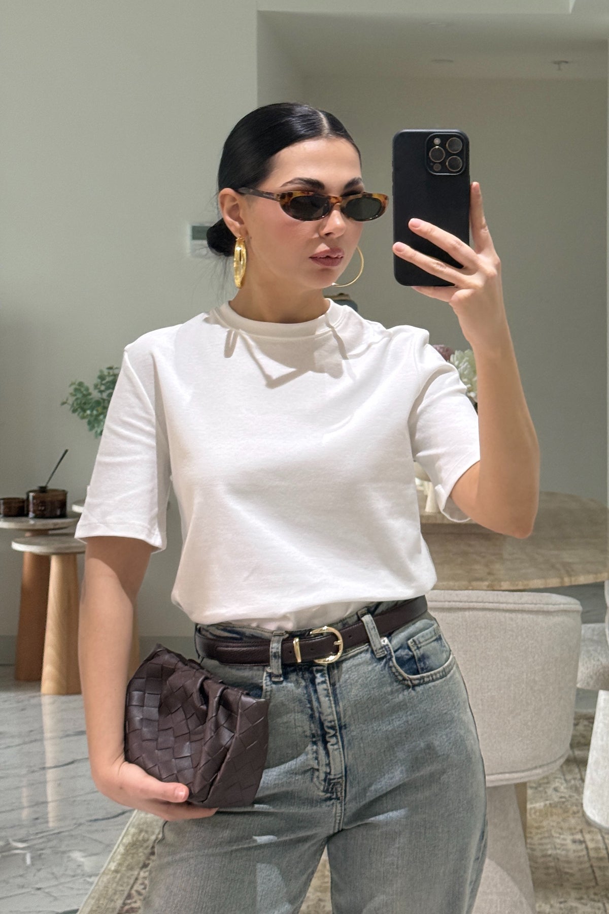 Beyaz Bisiklet Yaka Basic T-shirt SY-3642-Beyaz