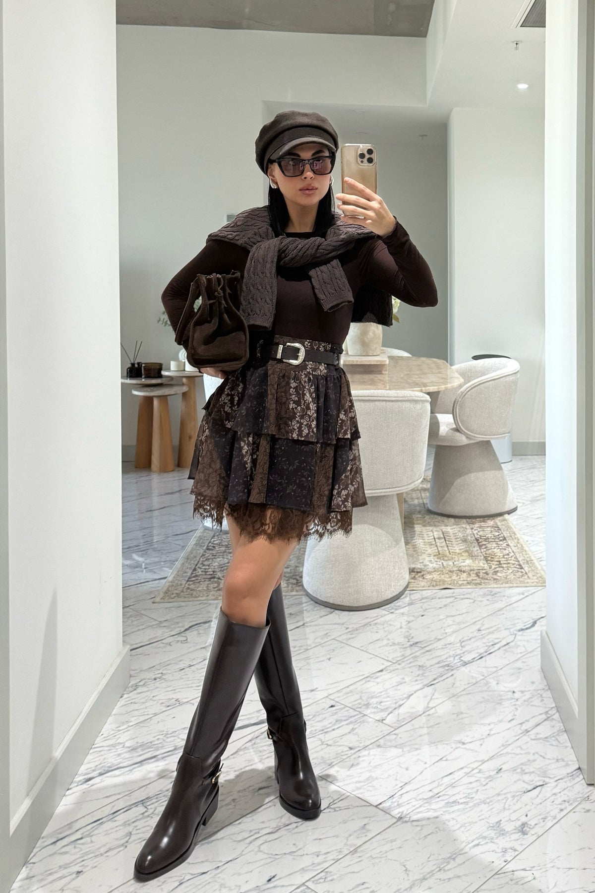 Kahverengi Kemerli Mini Etek SY-3545-Kahverengi