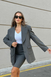 Antrasit Tasarım Çizgili Ceket ve Ofis Boy Etek Takım SY-1051-Antrasit