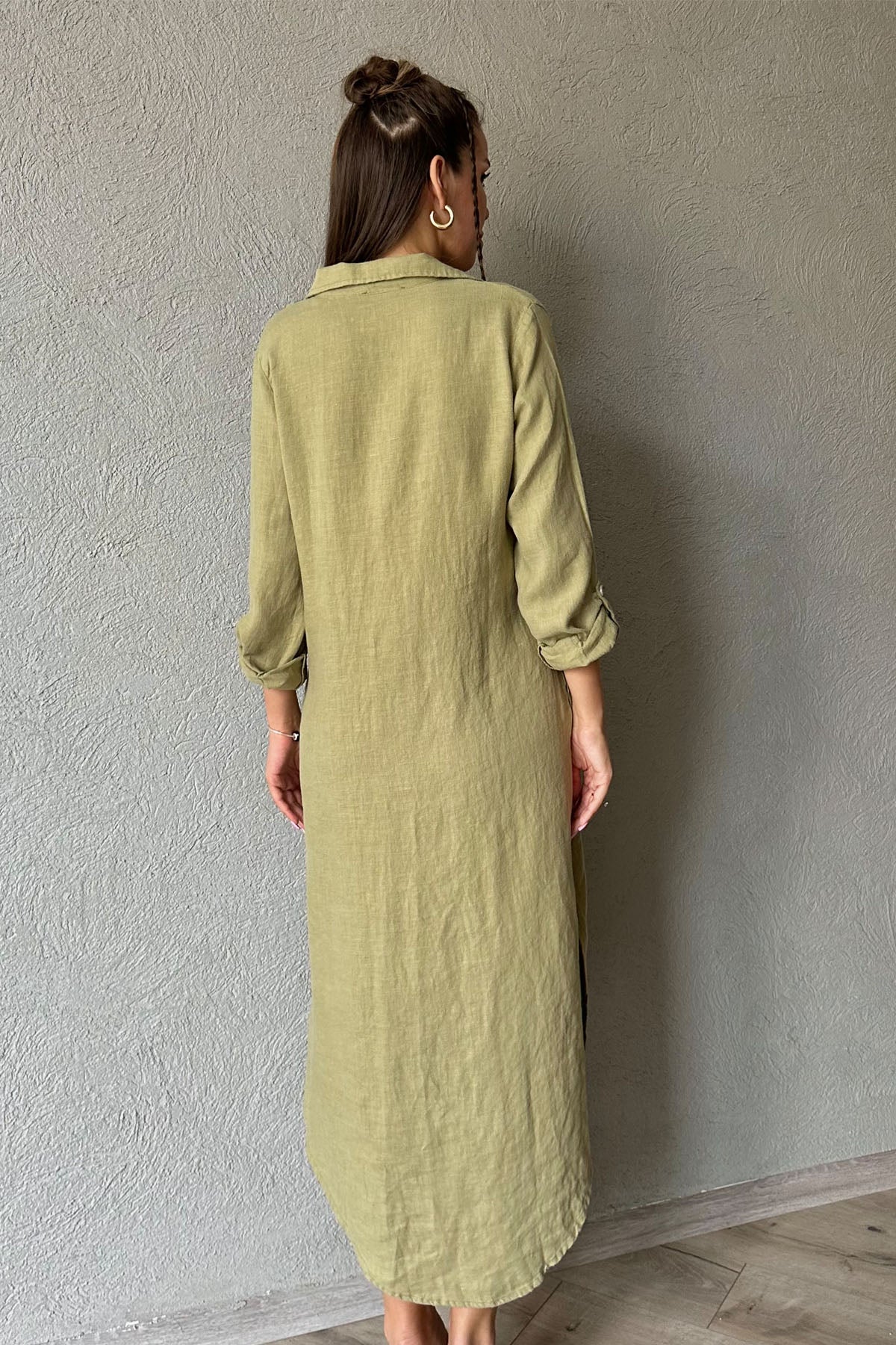 Haki Polo Yaka Düğmeli Yandan Yırtmaçlı Keten Elbise SY-0658-Haki