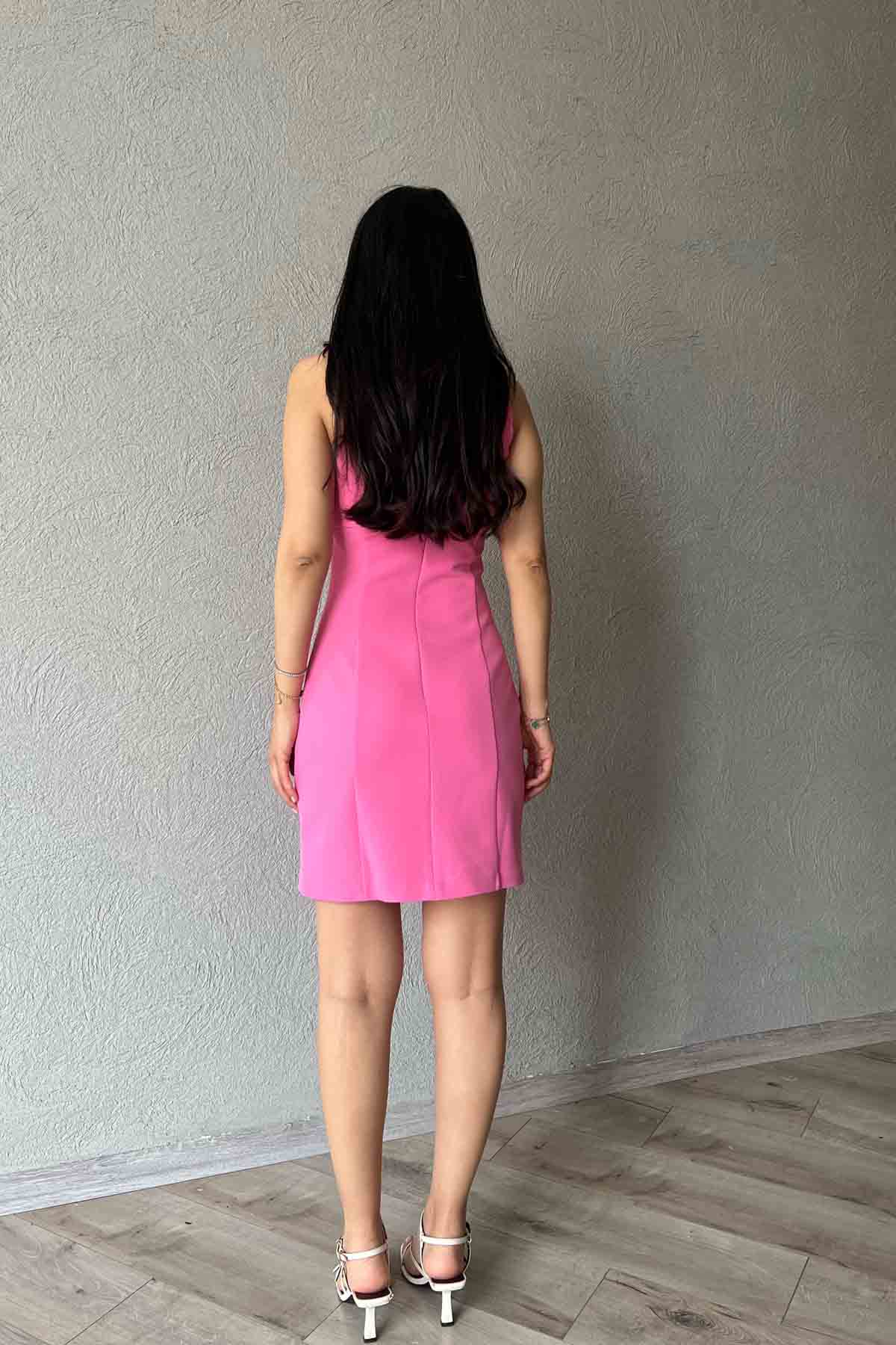 Pembe Kare Yaka Detaylı Elbise SY-2031-Pembe