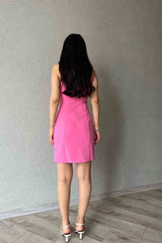 Pembe Kare Yaka Detaylı Elbise SY-2031-Pembe