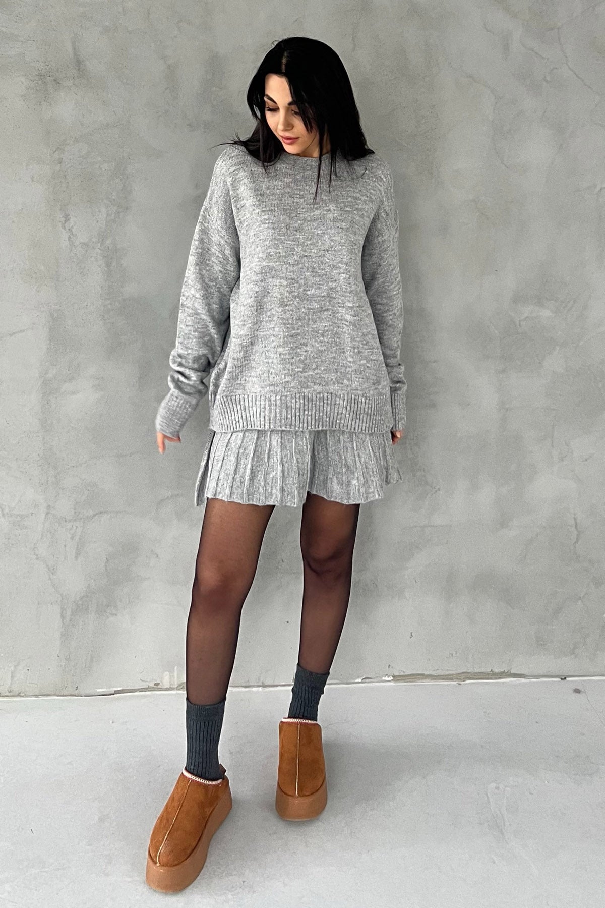 Gri Triko Mini Etek Kazak Takım SY-2749-Gri