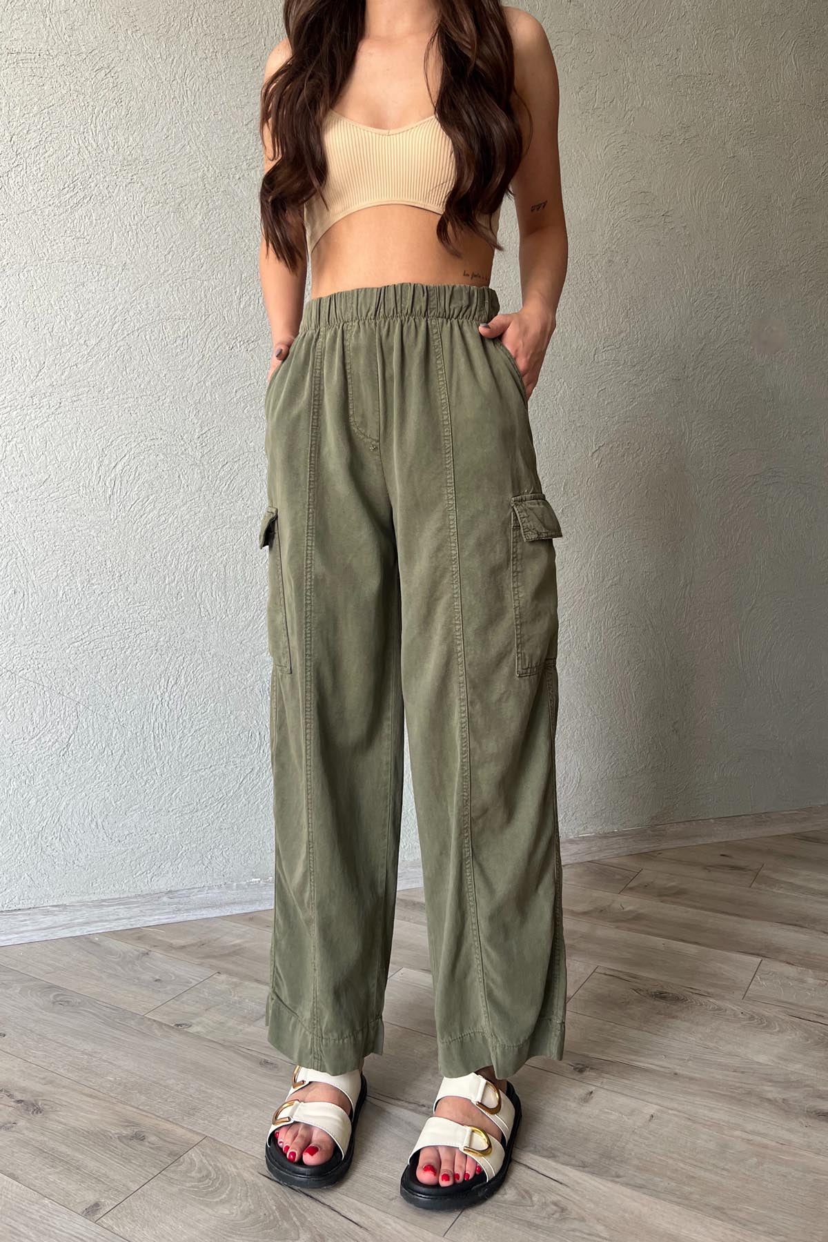 Haki Dikiş Detaylı Kargo Cepli Beli Lastikli Pantolon SY-1863-Haki