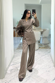 Bej Çizgili Bağlamalı Ceket Ve Pantolon Takım SY-3650-Bej