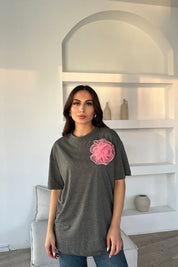 Antrasit Bisiklet Yaka Gül Detaylı T-shirt SY-1567-Antrasit